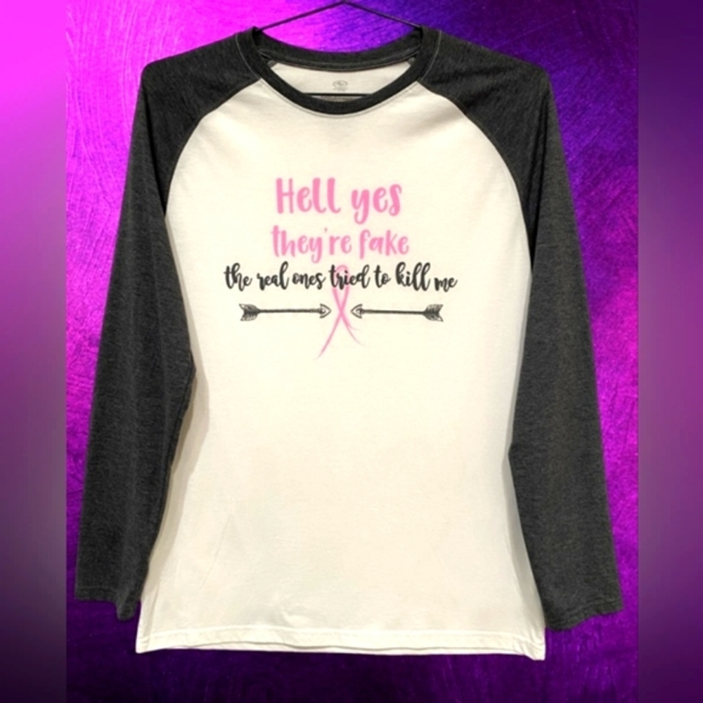 "Hell Yes They‎ Are Fake" Breast Cancer Womens Athletic Tshirt Size Medium